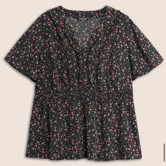 BloomChic Plus Size XL Plus Size Black Ditsy Floral Shirred Frill Trim Blouse - Picture 8 of 9